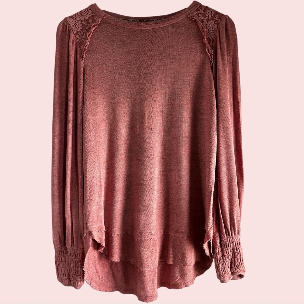 Dusty Rose Long Sleeve Knit Blouse with Lace & Ruffle Detail